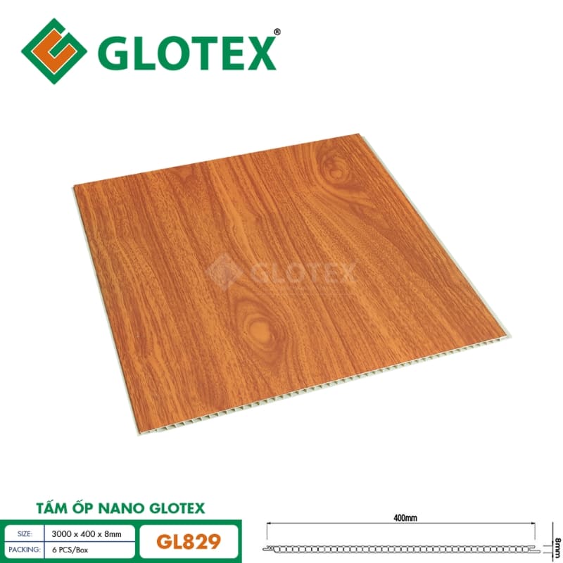 Tấm ốp Nano Glotex GL829 vân gỗ đỏ cam nổi bật và ấm cúng