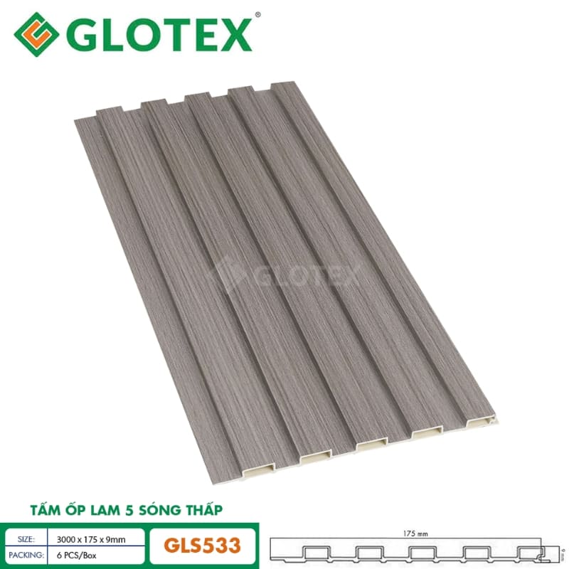 Tấm ốp lam 5 sóng thấp GLS533 mang tông màu ghi xám hiện đại với vân gỗ tinh tế