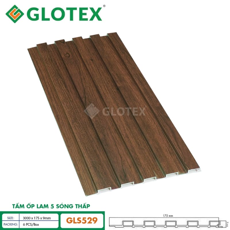 Tấm ốp lam 5 sóng thấp GLS529 với tông màu nâu óc chó đậm sang trọng, cổ điển