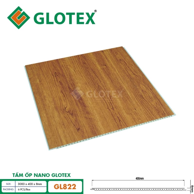 Tấm ốp Nano Glotex GL822 với vân gỗ vàng ấm áp tự nhiên