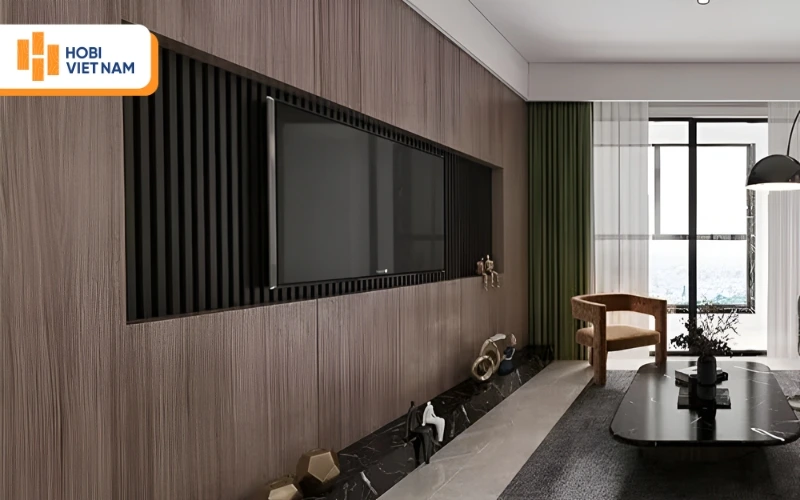 Tấm ốp than tre vân gỗ phối nan sóng tạo điểm nhấn tinh tế