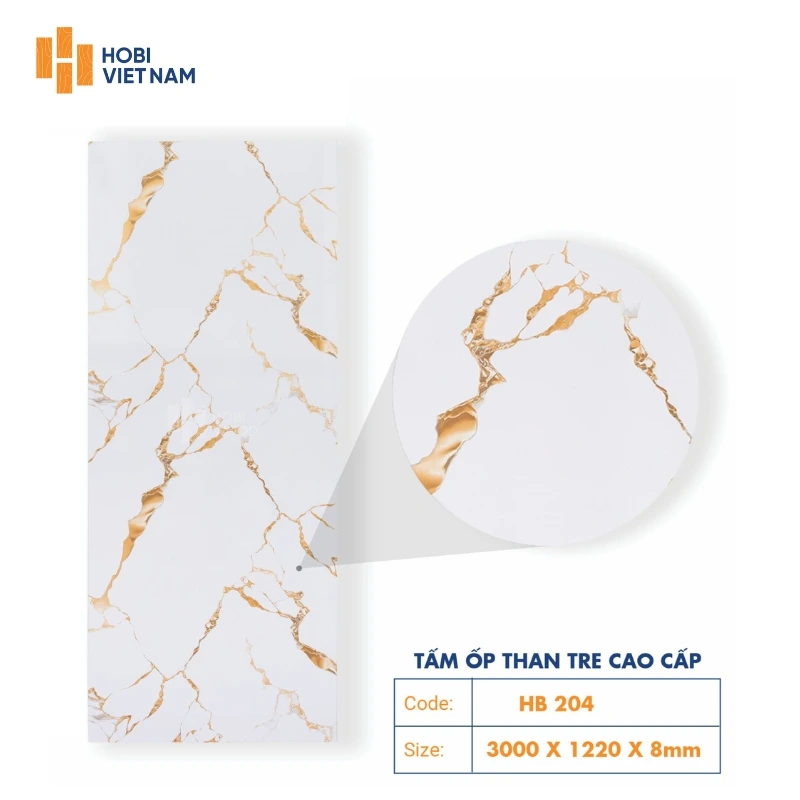 Tấm ốp than tre HB 204 nổi bật với vân đá trắng ánh kim sang trọng