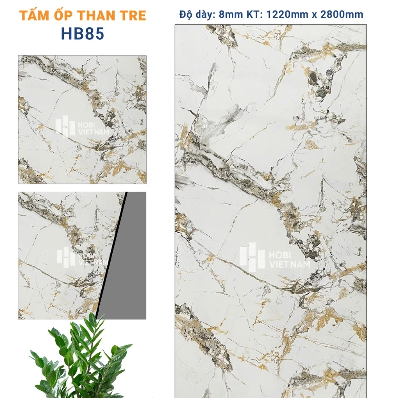 Tấm ốp than tre HB85 vân đá marble trắng sang trọng và đẳng cấp