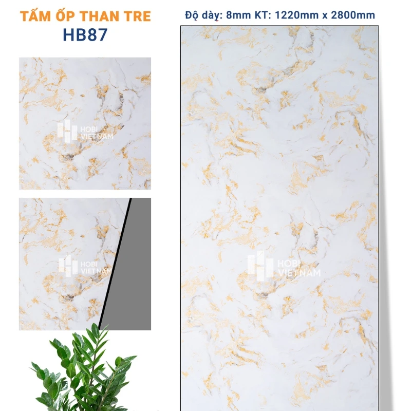 Tấm ốp than tre HB87 vân đá trắng điểm vàng đầy nghệ thuật