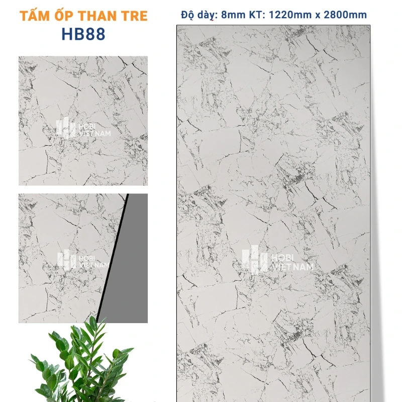 Tấm ốp than tre HB88 vân đá xám trắng thanh lịch, hiện đại