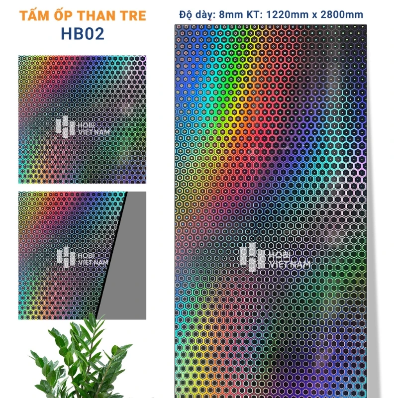 Tấm ốp than tre Hobi HB02 nổi bật với hiệu ứng cầu vồng 7 màu độc đáo