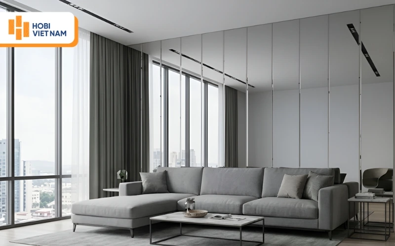 Tấm ốp than tre tráng gương tạo chiều sâu cho phòng khách