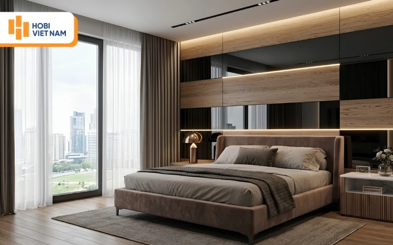 Phòng ngủ ấm cúng với điểm nhấn tấm ốp than tre tráng gương