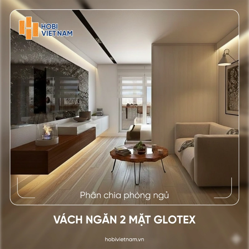 Vách ngăn nhựa giả gỗ 2 mặt Glotex phân chia phòng ngủ