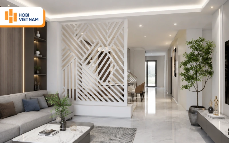 Vách ngăn CNC gỗ màu trắng ngăn phòng khách và bếp