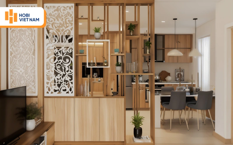 Vách ngăn gỗ tích hợp kệ trang trí và tủ bếp tiện lợi