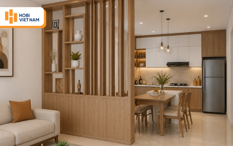 Kệ vách ngăn gỗ sồi chia không gian khách và bếp ăn