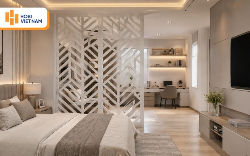 Vách ngăn CNC gỗ màu trắng ngăn giường ngủ và góc làm việc