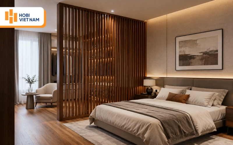 Vách lam gỗ ngăn giường ngủ và khu vực thay đồ ấm cúng