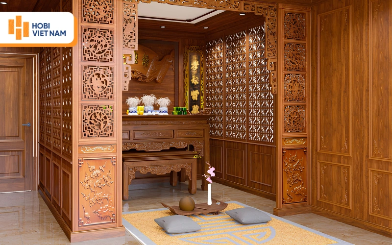 Vách ngăn phòng thờ bằng gỗ hoa văn chữ Thọ