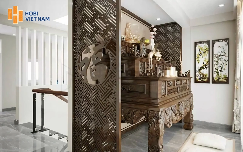 Vách ngăn gỗ chữ Phúc cho khu vực bàn thờ