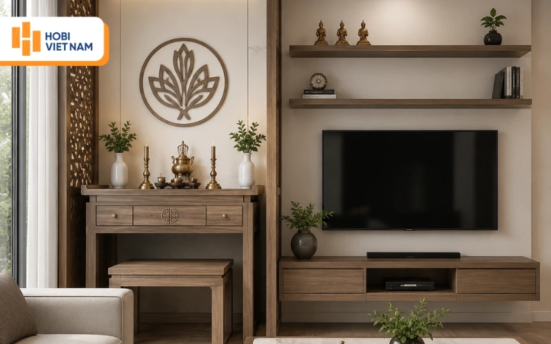 Vách ngăn CNC phòng khách và bàn thờ hiện đại