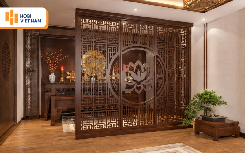 Vách ngăn CNC gỗ họa tiết hoa sen sang trọng