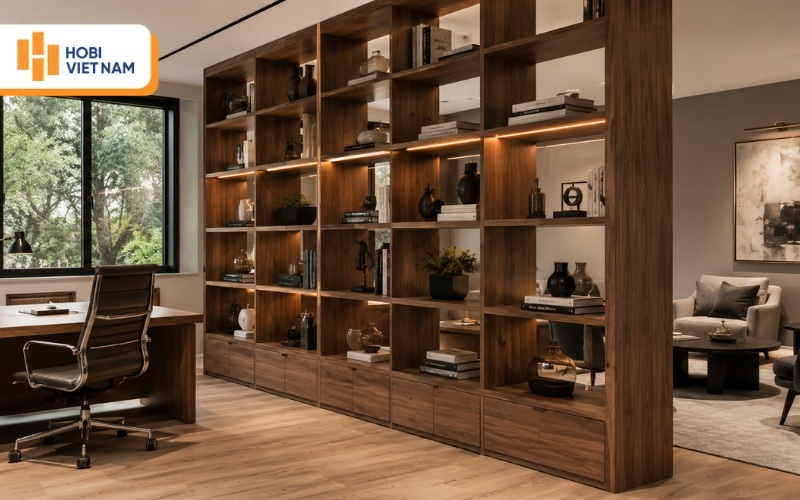 Vách ngăn cầu thang kiêm kệ trang trí gỗ