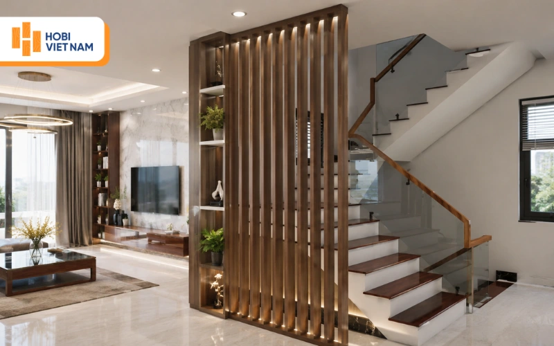 Vách ngăn cầu thang bằng lam gỗ hiện đại