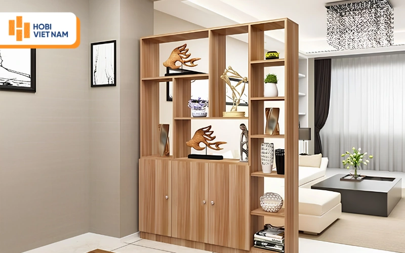 Kệ gỗ trang trí làm vách ngăn phòng khách nhỏ