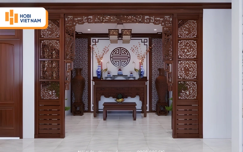 Không gian phòng thờ sang trọng với vách ngăn gỗ CNC