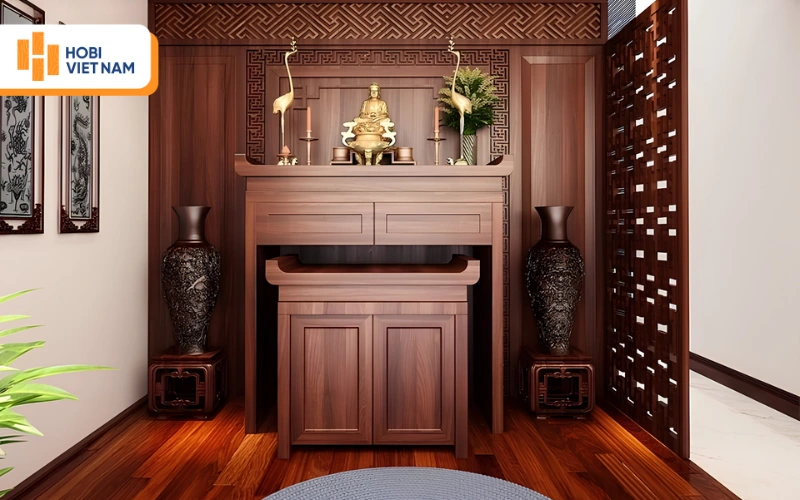 Không gian phòng thờ sang trọng với vách ngăn gỗ CNC