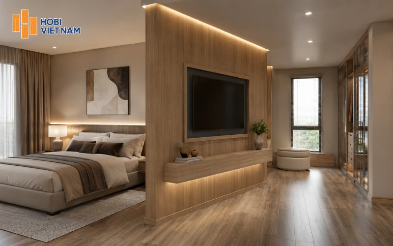 Vách nhựa giả gỗ kết hợp kệ tivi trong phòng ngủ