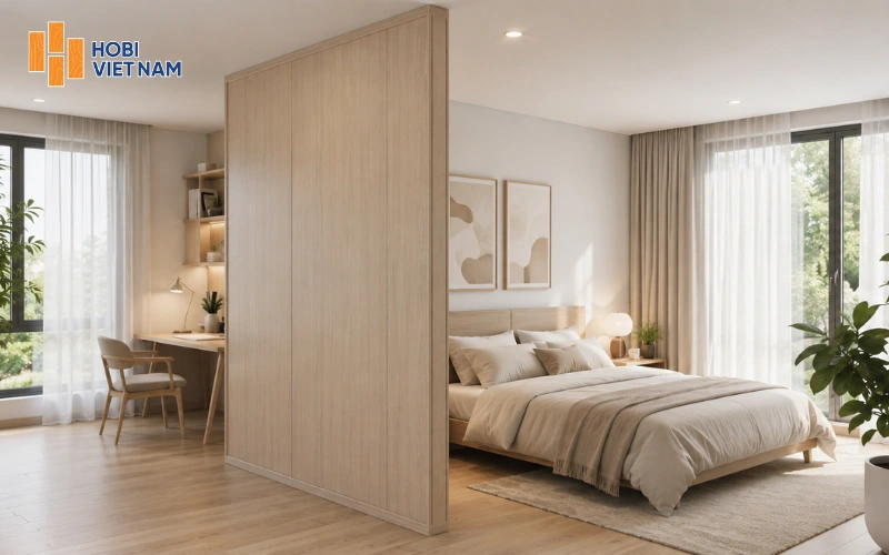 Vách ngăn nhựa giả gỗ chia khu vực làm việc và ngủ
