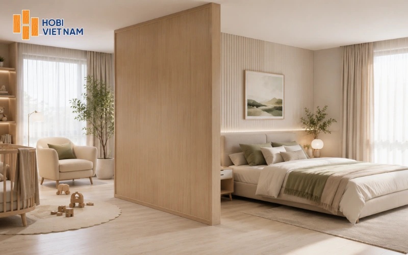 Vách ngăn nhựa giả gỗ phân chia không gian ngủ và khu vực trông bé