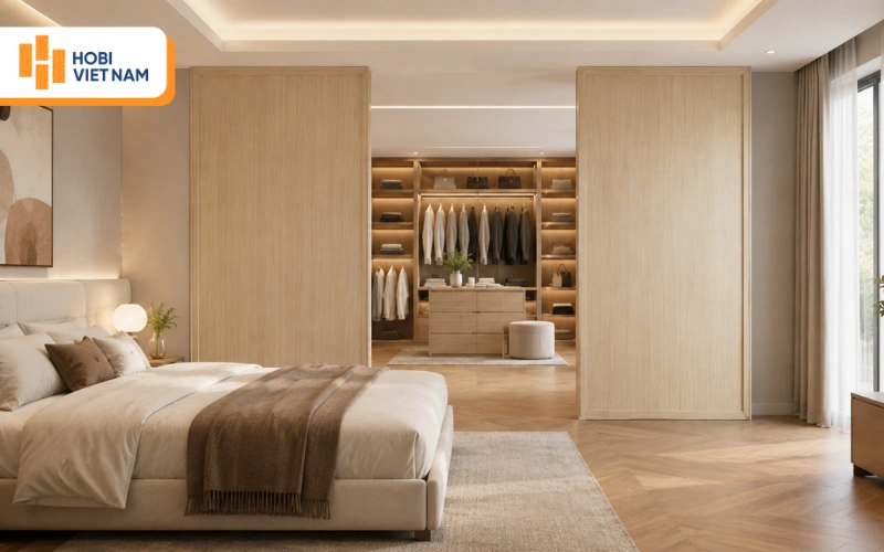 Vách nhựa giả gỗ ngăn phòng ngủ và phòng thay đồ