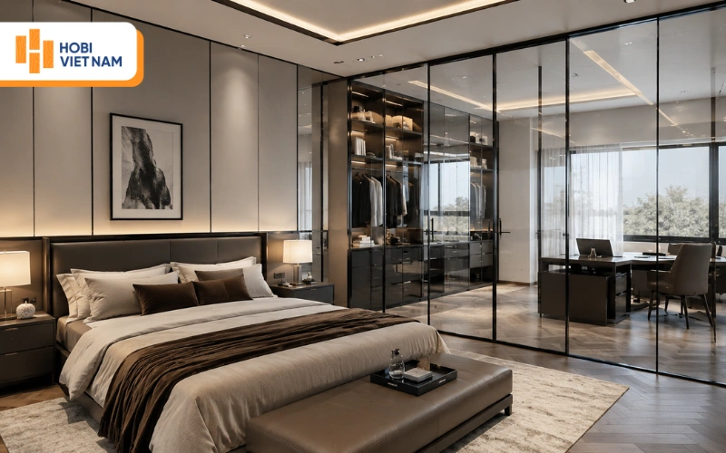 Vách trang trí phòng ngủ bằng kính cường lực