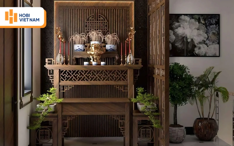 Vách ngăn khu vực thờ cúng bằng gỗ họa tiết chữ Vạn sang trọng