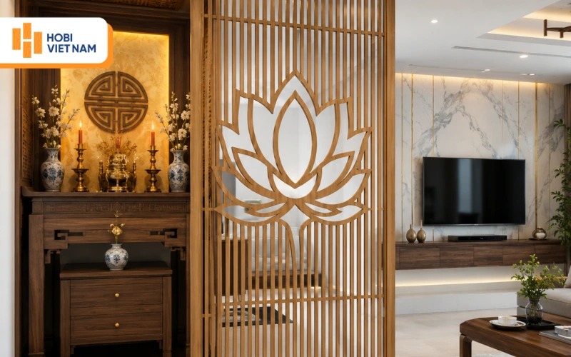 Vách nan gỗ cắt hình hoa sen trang trí phòng thờ đẹp