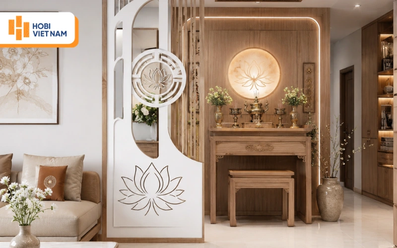 Vách gỗ màu trắng họa tiết hoa sen ngăn bàn thờ