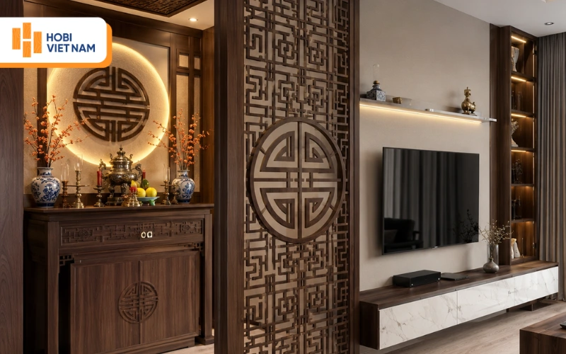Vách ngăn gỗ CNC ngăn phòng khách và phòng thờ chữ Vạn