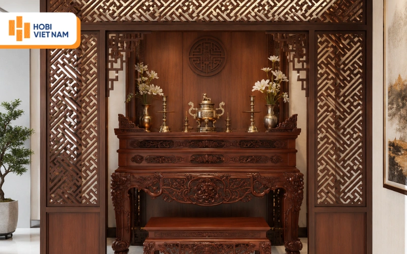 Mẫu vách ngăn phòng thờ bằng gỗ họa tiết cổ điển
