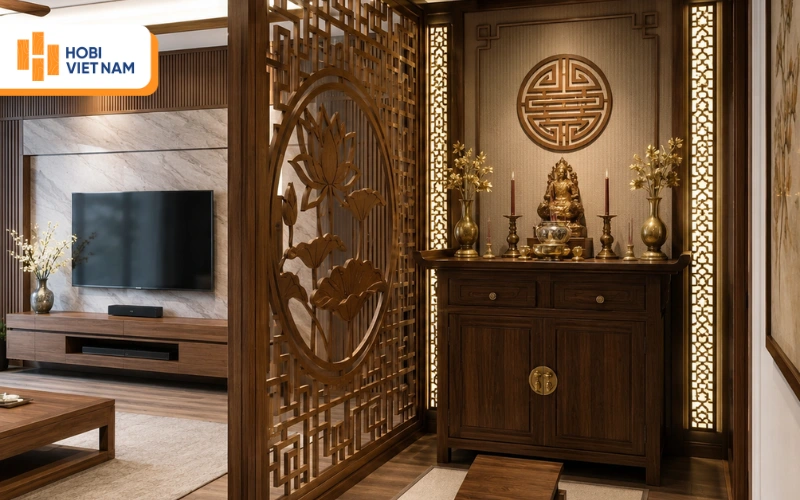 Cần xác định diện tích không gian, chiều cao trần và vị trí bàn thờ để thiết kế vách có tỷ lệ cân đối