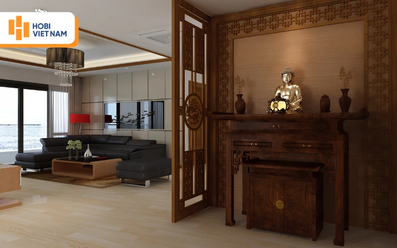 Vách ngăn khu vực thờ cúng bằng gỗ tự nhiên