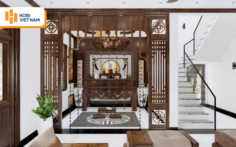 Vách ngăn phòng thờ bằng gỗ công nghiệp