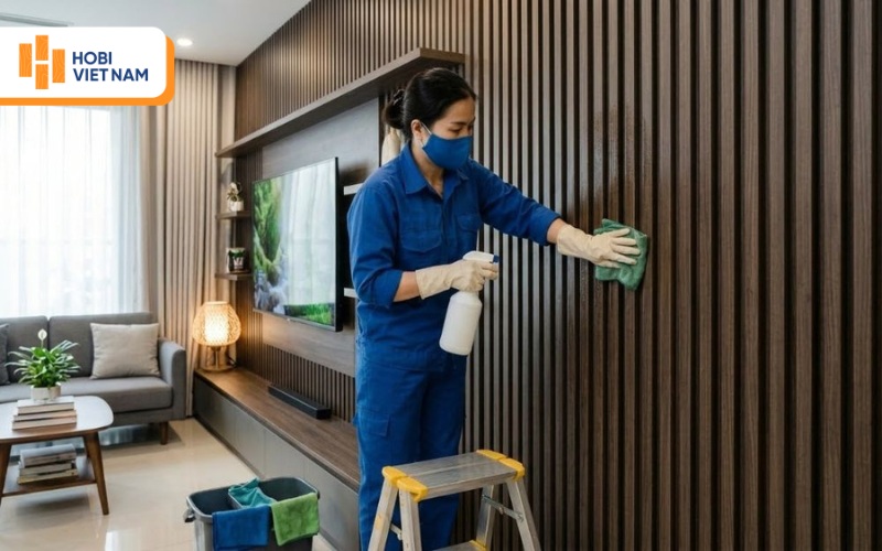 Vệ sinh tấm ốp đúng cách giúp bề mặt luôn sạch đẹp và bền màu