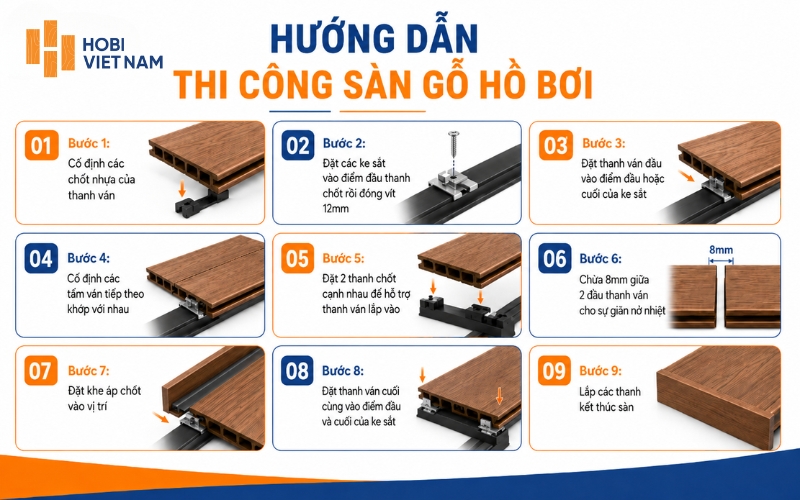 Các bước thi công sàn gỗ hồ bơi