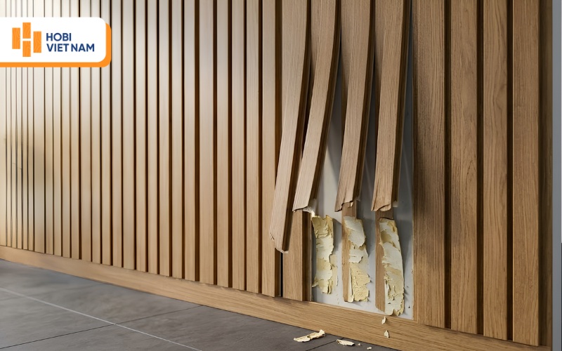 Tấm ốp tường lam sóng giá rẻ có thể bị hở mép, bong keo sau một thời gian sử dụng