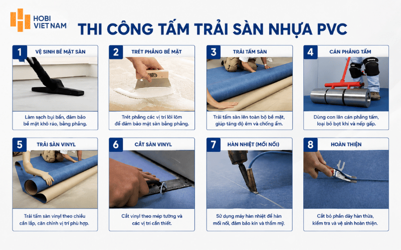 Thi công tấm trải sàn nhựa PVC dán keo đúng kỹ thuật để đảm bảo chất lượng bề mặt