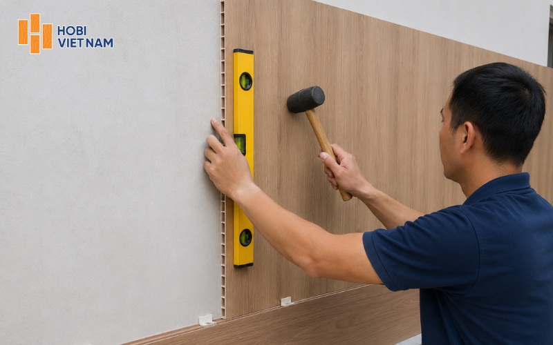 Lắp tấm nhựa ốp tường vào tường và gõ nhẹ bằng búa cao su