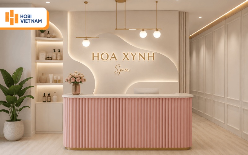 Trang trí quầy lễ tân spa bằng lam sóng hình bán nguyệt màu hồng pastel