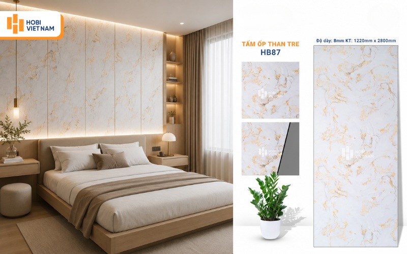 Tấm ốp than tre HB 87 nổi bật với vân đá trắng ánh kim sang trọng