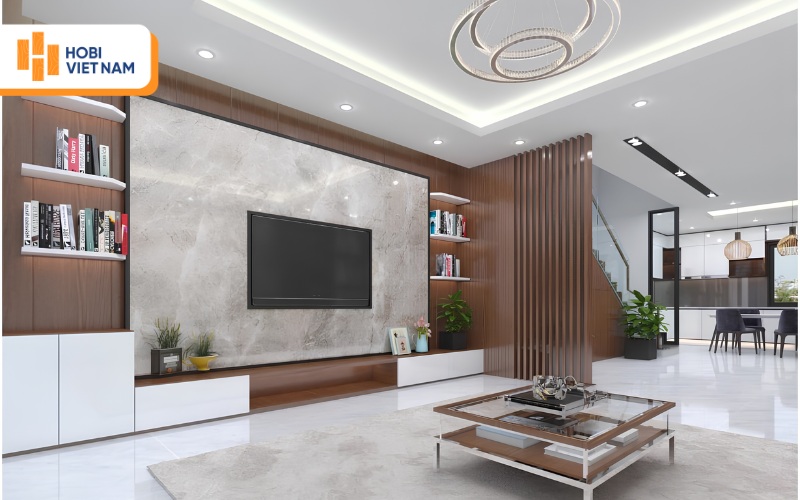 Vách tivi sang trọng với tấm nhựa ốp tường giả đá