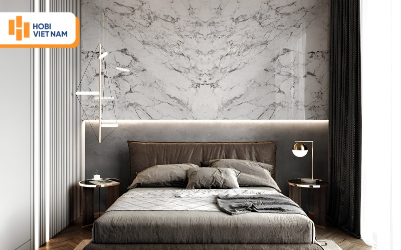 Tấm nhựa giả đá cẩm thạch xám ốp tường phòng ngủ