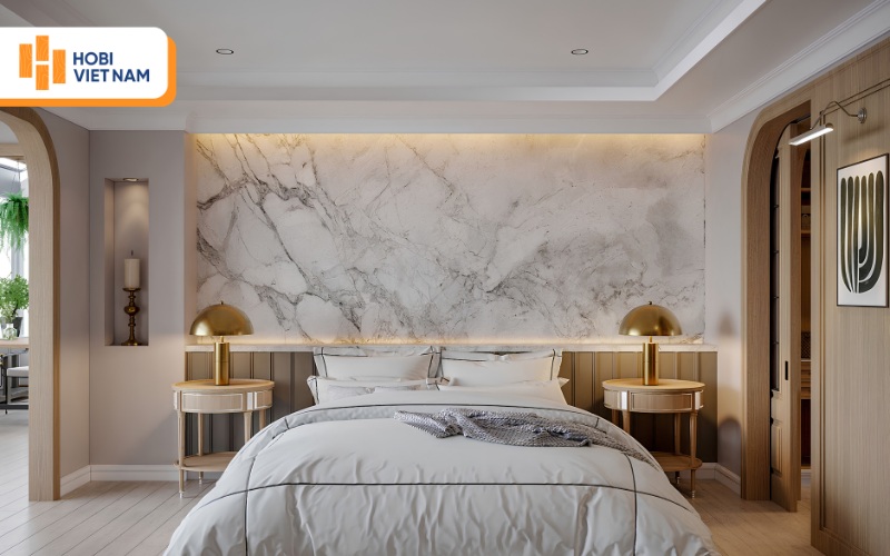 Vách đầu giường ốp nhựa giả đá cẩm thạch trắng xám kết hợp đèn led